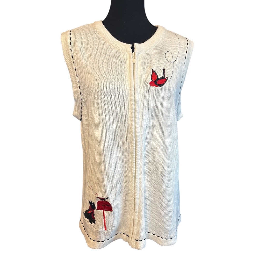 Blair Sleeveless Zip-Front Sweater W/Embroidered Cardinals & Scottie Dog, Medium